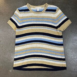 Vintage Chaus & Co Blue Striped Size Medium Made In Hong Kong Knit Tee